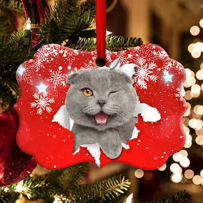 Christmas Cat Funny Kitten Red Background Winter Snowy - Horizontal Ornament - Owls Matrix LTD