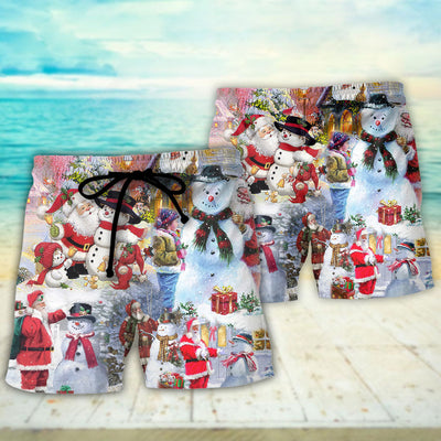 Christmas Santa And Snowman Christmas Snow Village - Beach Short - Owls Matrix LTD