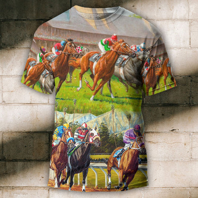 Horse Racing Don't Look Back - Round Neck T-shirt - Owls Matrix LTD
