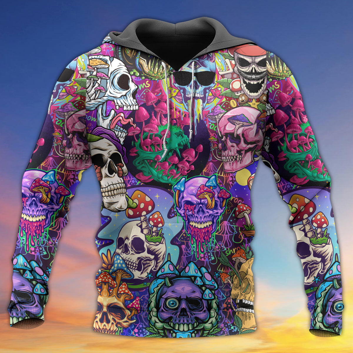 Hippie Mushroom And Skull Colorful Art - Hoodie - Owls Matrix LTD