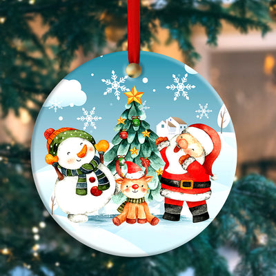 Christmas Santa Snowman And Deer Happy Together - Circle Ornament - Owls Matrix LTD
