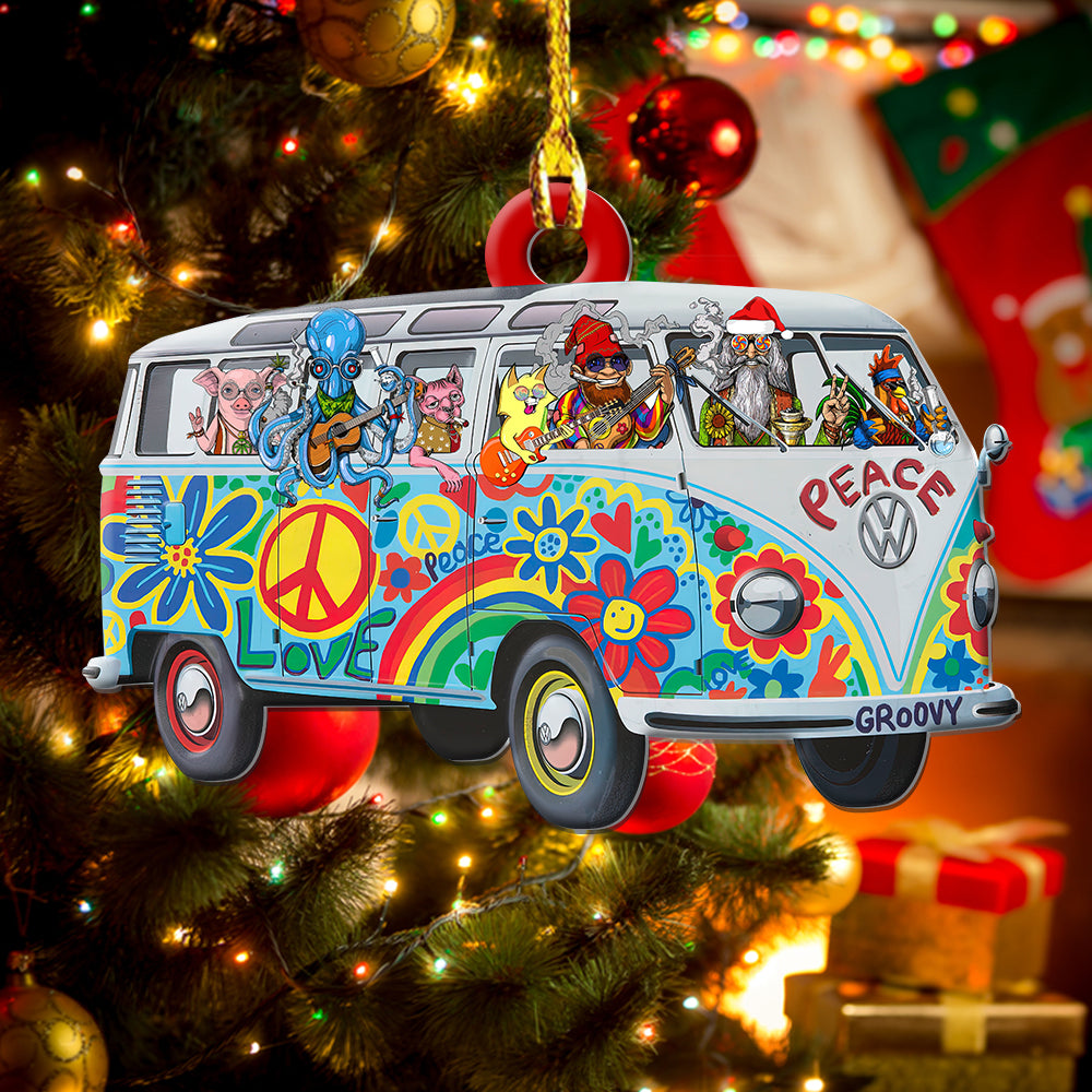Hippie Christmas Hippie Van Smoke Weed Party - Custom Shape Ornament - Owls Matrix LTD