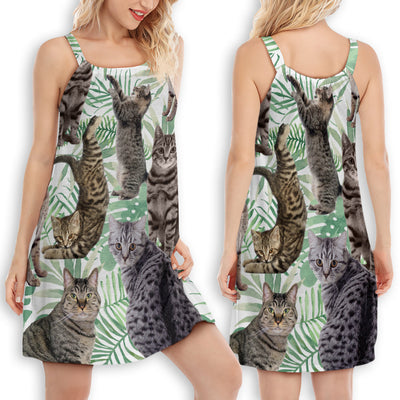 Cat Tropical Leaf Tabby Cat - Women's Sleeveless Cami Dress - Owls Matrix LTD