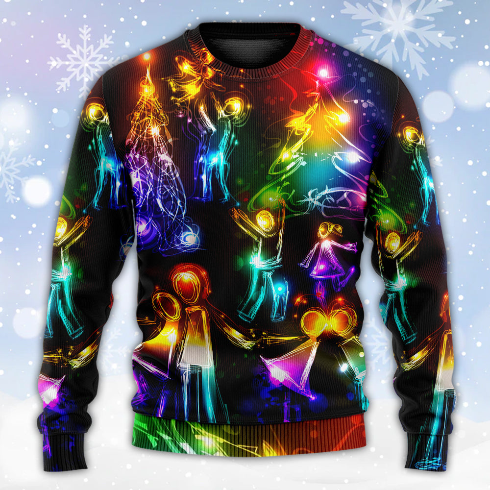 Christmas Family Happy Love Tree Neon Light Style - Sweater - Ugly Christmas Sweaters - Owls Matrix LTD