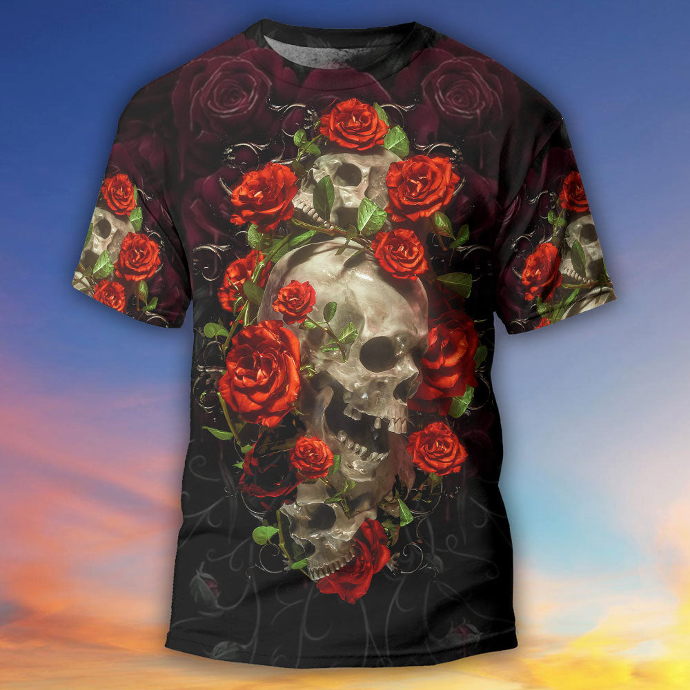 Skull And Roses Art - Round Neck T-shirt - Owls Matrix LTD