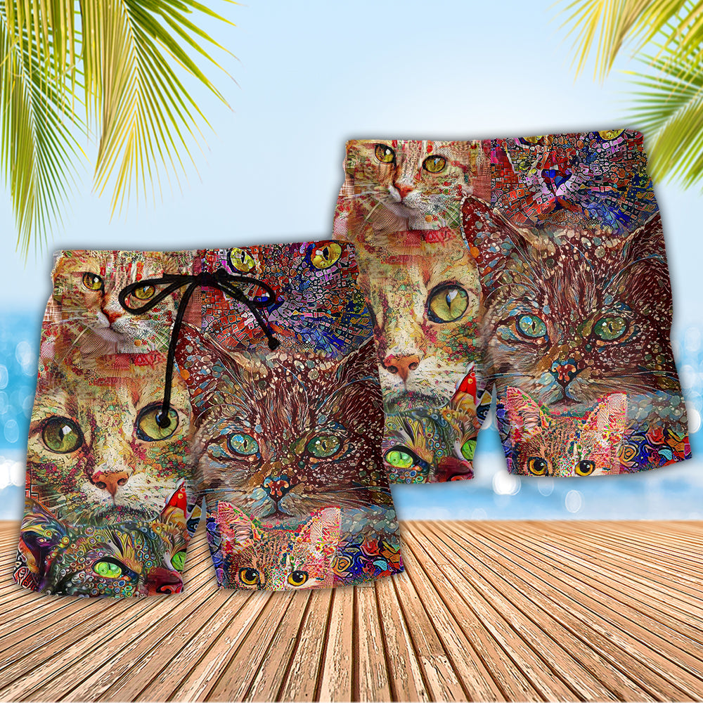 Cat Art Lover Funny Cat Colorful - Beach Short - Owls Matrix LTD