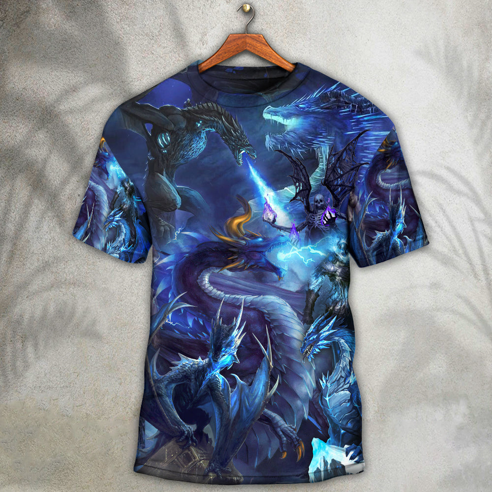 Dragon Blue Skull Fire Lightning Art Style - Round Neck T-shirt - Owls Matrix LTD