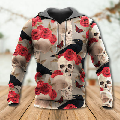 Skull With Rose Flower And Raven Gothic Style- Hoodie - Owls Matrix LTD