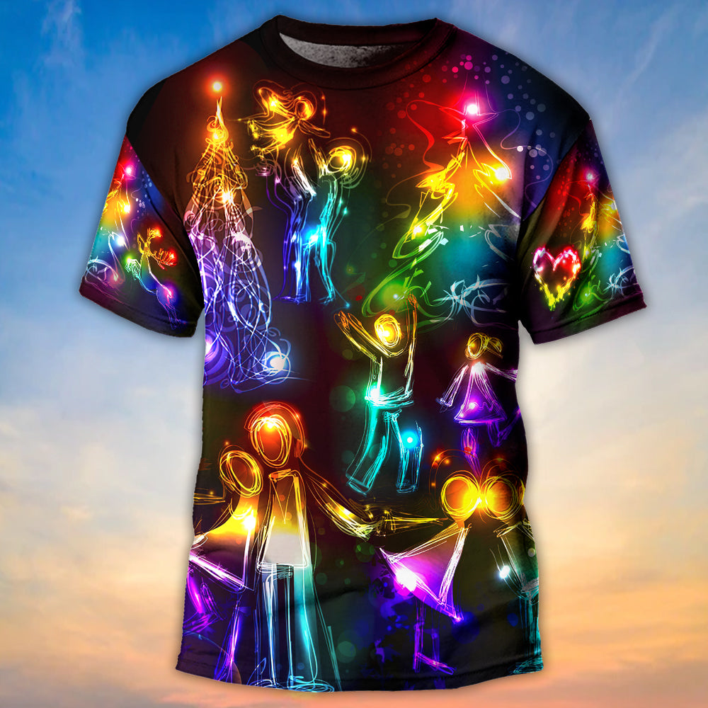 Christmas Family Happy Love Tree Neon Light Style - Round Neck T-shirt - Owls Matrix LTD