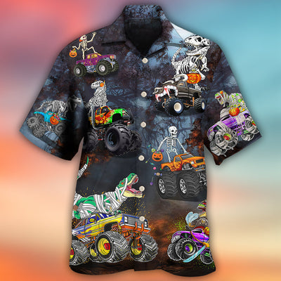 Halloween Skeleton Dinosaur Driving Monster Truck - Hawaiian Shirt - Owls Matrix LTD