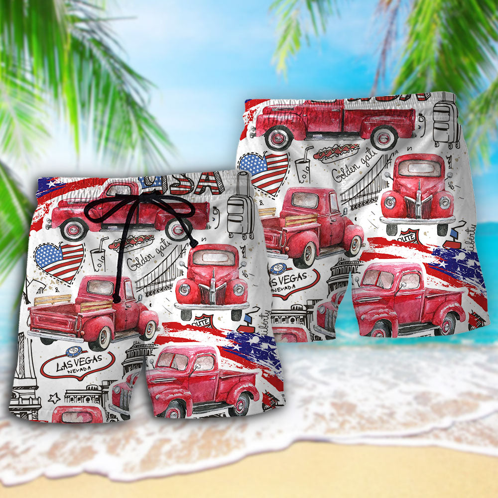 Truck Red USA Flag Independence Day - Beach Short - Owls Matrix LTD