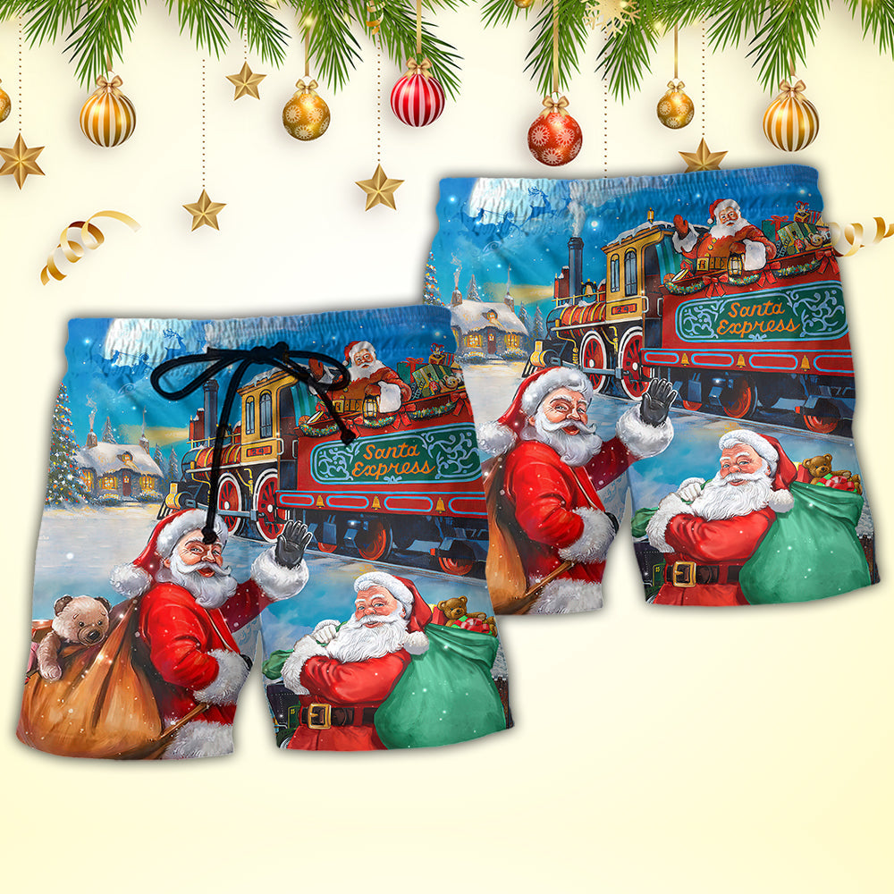Christmas Santa Claus Train Gift For Xmas Art Style - Beach Short - Owls Matrix LTD