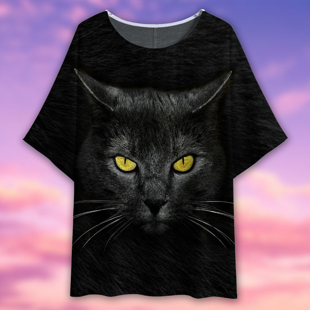 Black Cat Darkness Style - Women's T-shirt With Bat Sleeve - Owls Matrix LTD