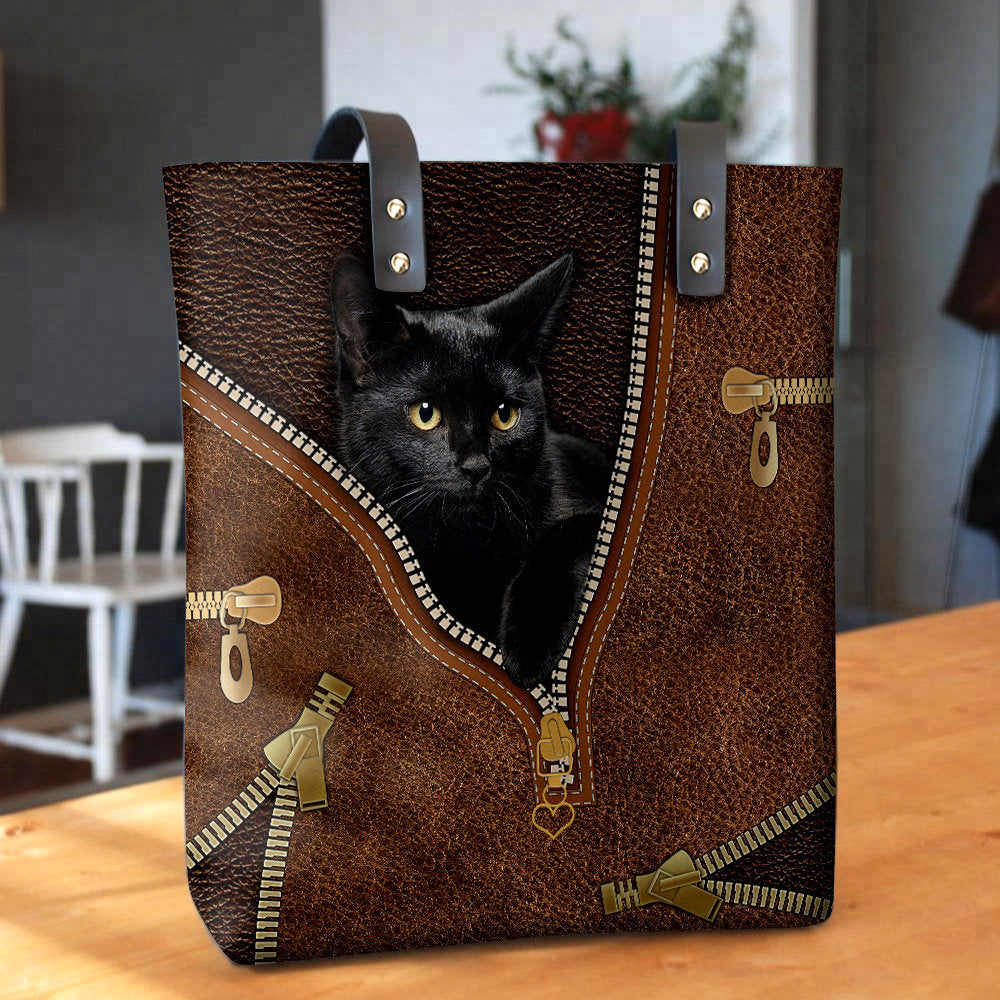 Black Cat Black Leather Zipper - Leather Hand Bag - Owls Matrix LTD
