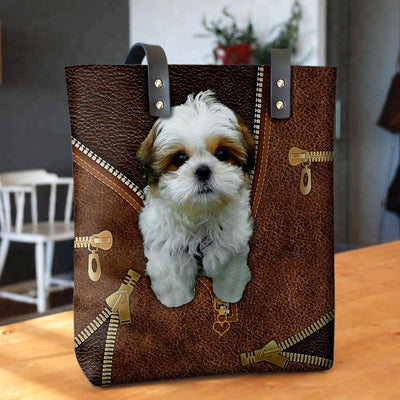 Shih Tzu Puppies Cute - Leather Hand Bag - Owls Matrix LTD