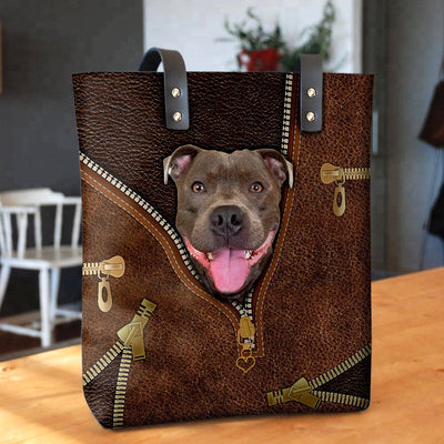 Staffordshire Bull Terrier Funny Smile - Leather Hand Bag - Owls Matrix LTD