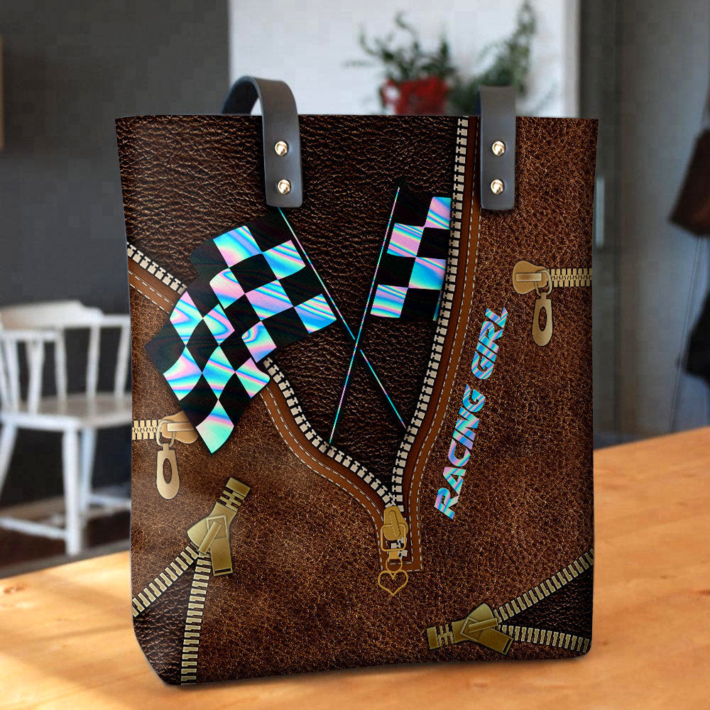 Racing Checkered Waving Flag - Leather Hand Bag - Owls Matrix LTD