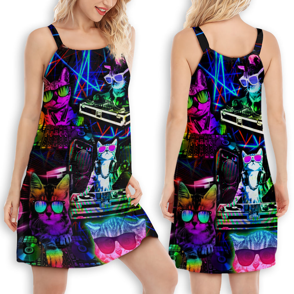 Cat DJ Cool Life - Women's Sleeveless Cami Dress - Owls Matrix LTD