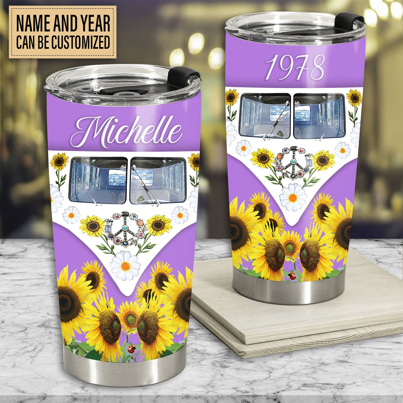 Hippie Van Purple With Sunflowers Personalized - Tumbler - Owls Matrix LTD