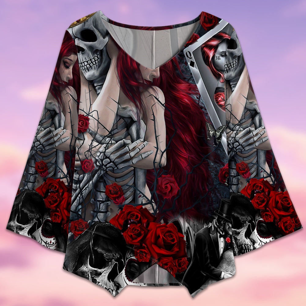 Skull Love Is Life Rose - V-neck T-shirt - Owls Matrix LTD