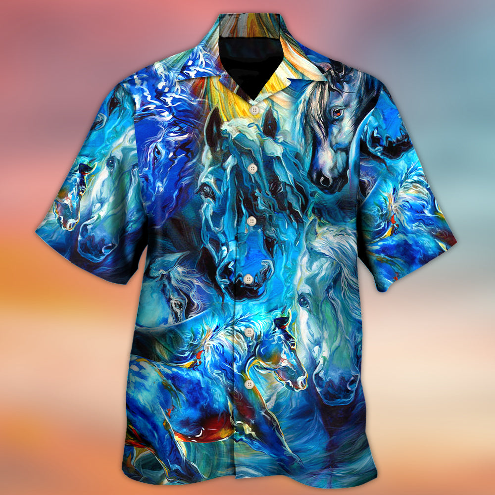 Horse Face Blue Light Cool Art Style - Hawaiian Shirt - Owls Matrix LTD