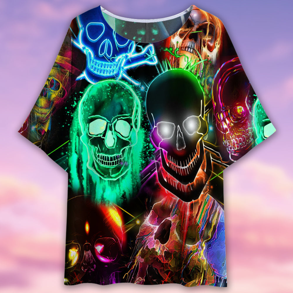 Skull Glowing Colorful Lighting - Women's T-shirt With Bat Sleeve - Owls Matrix LTD