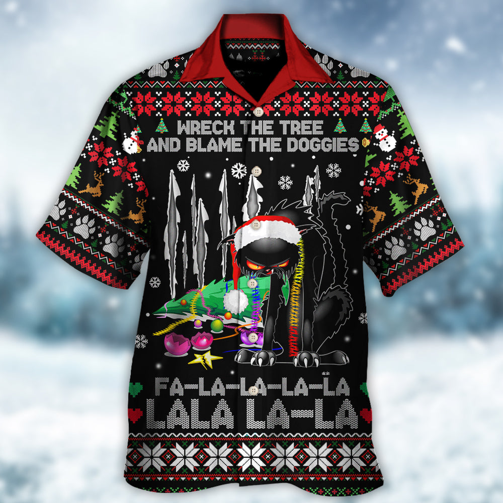 Black Cat Wreck The Tree Light Funny Ugly Style Christmas - Hawaiian Shirt - Owls Matrix LTD