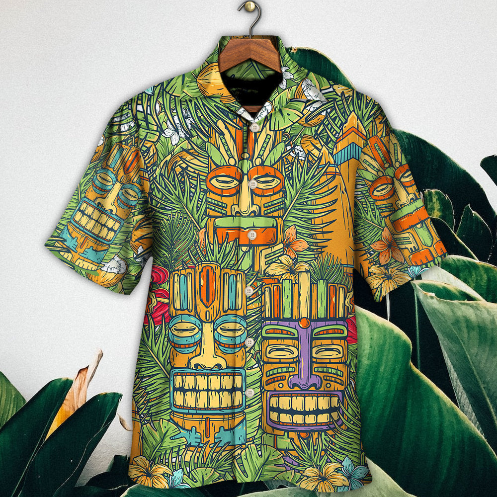 Tiki Mask Tropical Hawaii Sur Board And Palm Leaves - Hawaiian Shirt - Owls Matrix LTD