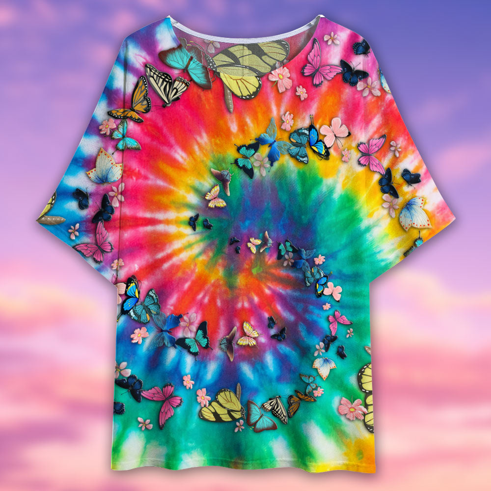 Hippie Tie Dye Butterflies - Women's T-shirt With Bat Sleeve - Owls Matrix LTD