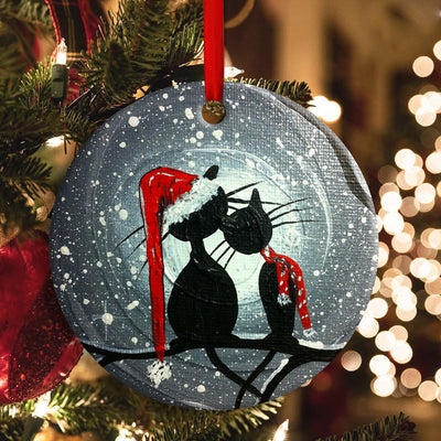 Christmas Cat Couple Lover With Moon - Circle Ornament - Owls Matrix LTD