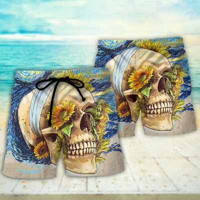 Skull And Sunflower Vintage Amazing Starry Night - Beach Short - Owls Matrix LTD