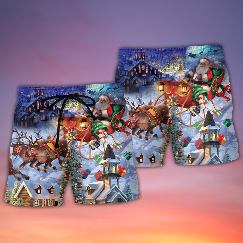 Christmas Rudolph Santa Claus Reindeer Gift Light Art Style - Beach Short - Owls Matrix LTD