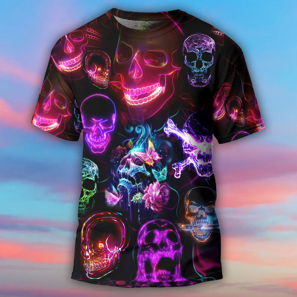 Skull Neon Art Happy Holiday - Round Neck T-shirt - Owls Matrix LTD