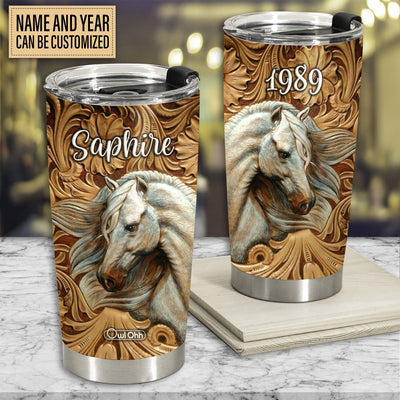 Horse And Flowers Leather Style Personalized - Tumbler - Owls Matrix LTD