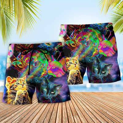 Cat Psychedelic Glowing Galaxy Neon - Beach Short - Owls Matrix LTD