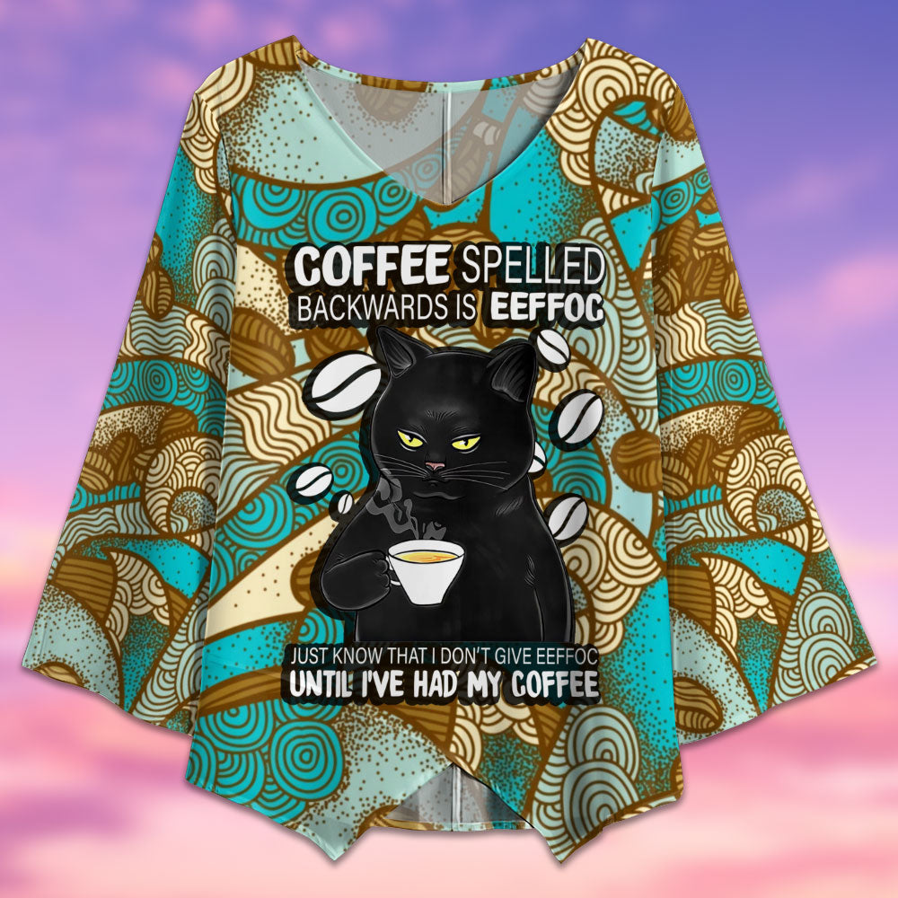 Black Cat Coffee Spelled - V-neck T-shirt - Owls Matrix LTD