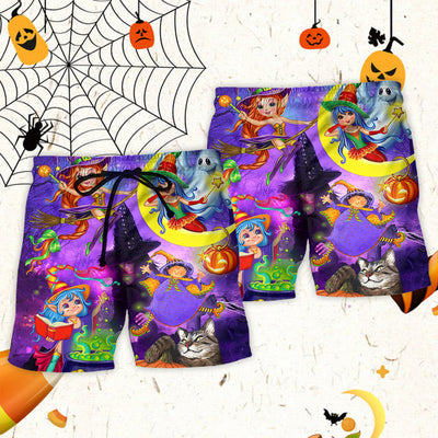 Halloween Funny Witch Ghost Cute Boo In The Magic Forest Art Style - Beach Short - Owls Matrix LTD