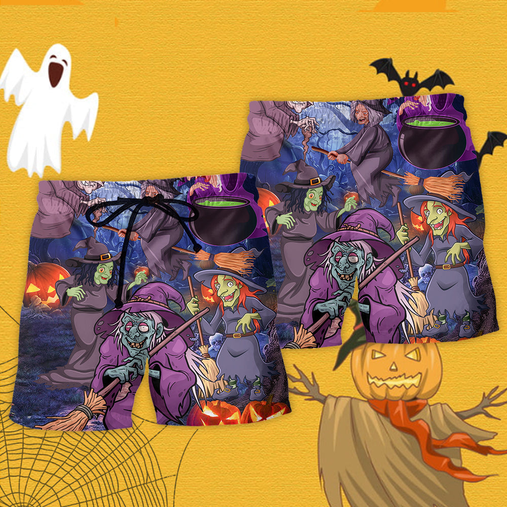 Halloween Funny Witch Pumpkin In The Magic Forest - Beach Short - Owls Matrix LTD
