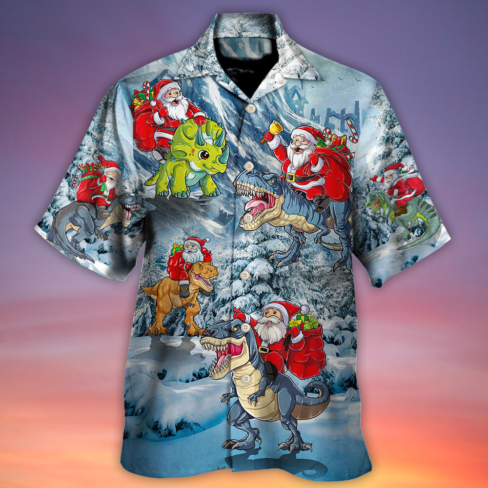 Christmas Santa Claus Riding Dinosaur Christmas Tree Gift Light Art Style - Hawaiian Shirt - Owls Matrix LTD