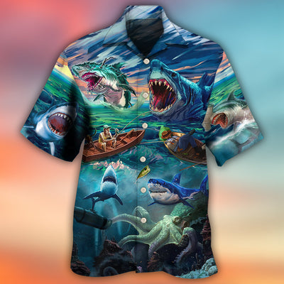 Fishing Shark Crazy Art Style - Hawaiian Shirt - Owls Matrix LTD