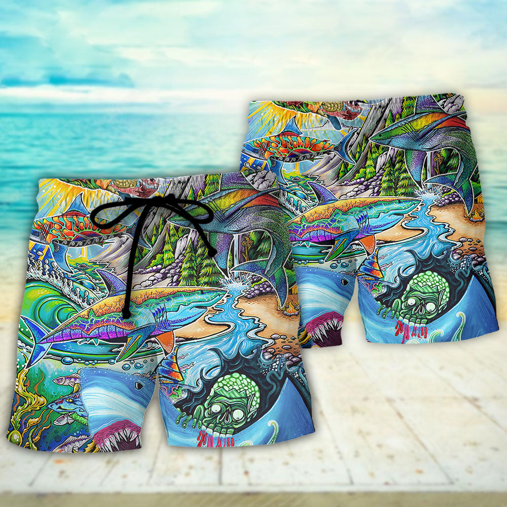 Hippie Shark Colorful Art Peace - Beach Short - Owls Matrix LTD