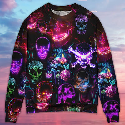 Skull Neon Art Happy Holiday - Sweater - Ugly Christmas Sweaters - Owls Matrix LTD