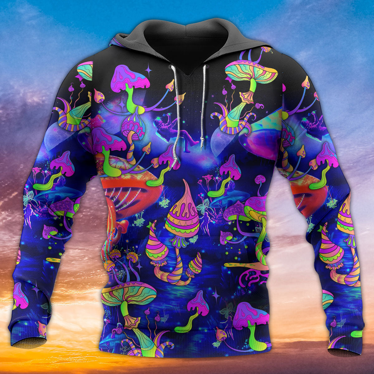 Hippie Mushroom Galaxy Neon Colorful Art - Hoodie - Owls Matrix LTD