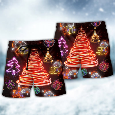 Christmas Funny Santa Claus Tree Red Neon Light Style - Beach Short - Owls Matrix LTD