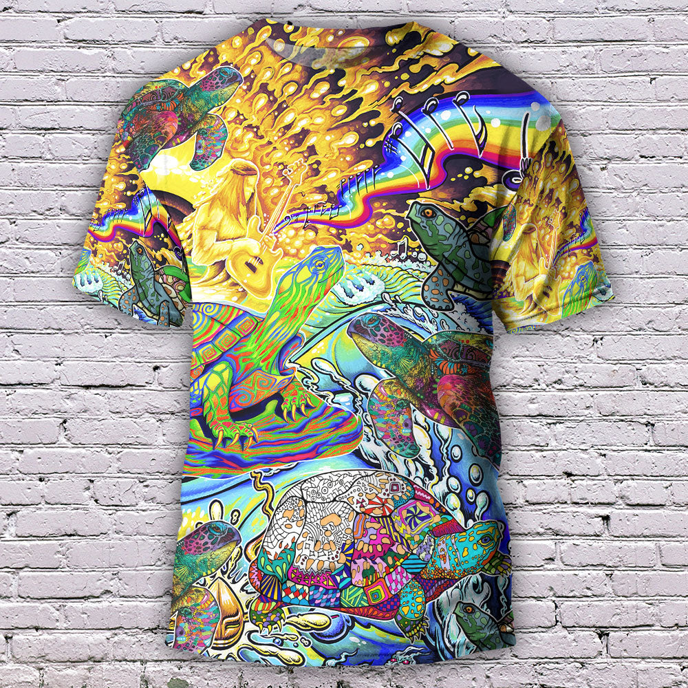Hippie Turtle Colorful Art Peace - Round Neck T-shirt - Owls Matrix LTD