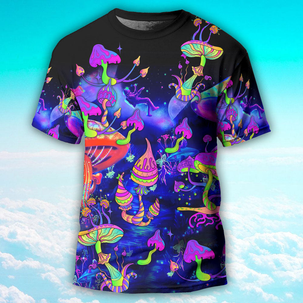 Hippie Mushroom Galaxy Neon Colorful Art - Round Neck T-shirt - Owls Matrix LTD