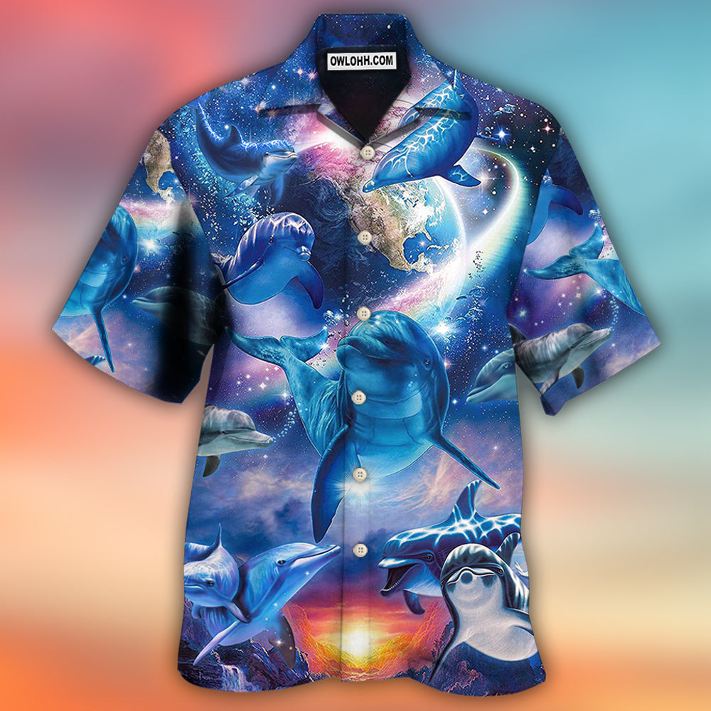 Dolphin Galaxy Blue Glow Style - Hawaiian Shirt - Owls Matrix LTD