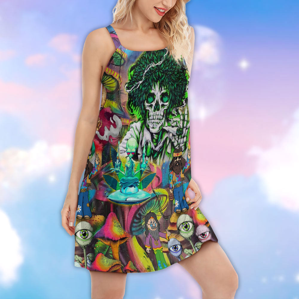 Hippie Skull Alien Art - Women's Sleeveless Cami Dress - Owls Matrix LTD
