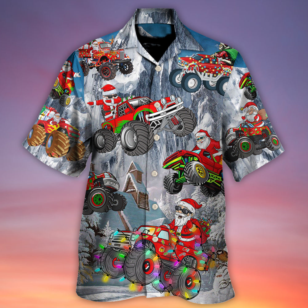 Christmas Santa Claus Riding Red Truck Snow Mountain Art Style - Hawaiian Shirt - Owls Matrix LTD
