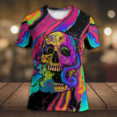 Skull And moth Night Butterfly Neon Style - Round Neck T-shirt - Owls Matrix LTD